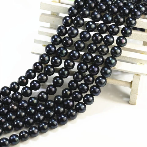 8mm perfect full round real genuine fresh water cultured freshwater black pearl strand pearl bead string