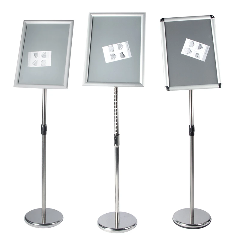 A3A4 size floor standing stainless steel poster display racks water injection plastic base rotating foldable poster stand
