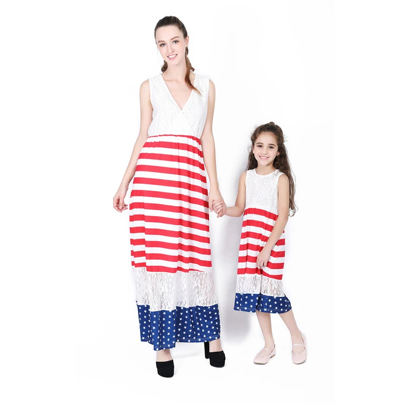 American Flag Design Maxi Dress for Mom and Daughter Independence Day Festival Clothing Fashion Family Matching Outfits