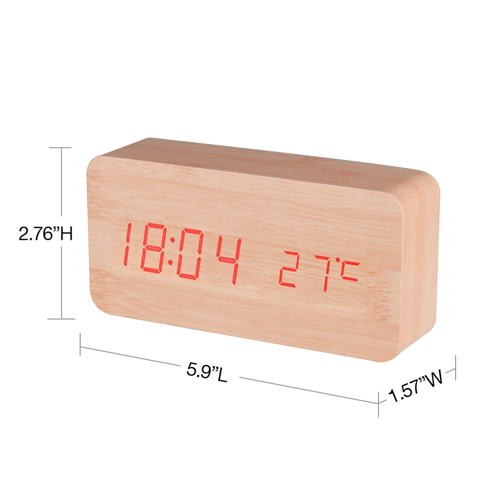 BALDR  B9299 Wooden Digital Time  LED Alarm Clock  Sound Control Table Clock With Indoor Temperature