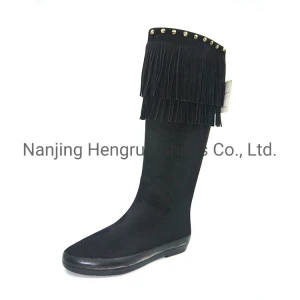 Black Fashion Fringe Fabric Rubber Rain Boot for Women