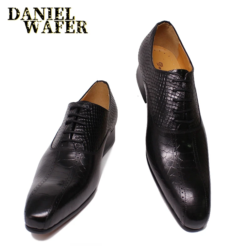 Black Formal Shoes Snake Grain Cow Leather Dress Shoes