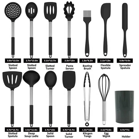 BPA Free Non Toxic Kitchen Tools Home Cooking Black Non-stick Heat Resistant Silicon Utensils Sets With Stainless Steel Handle