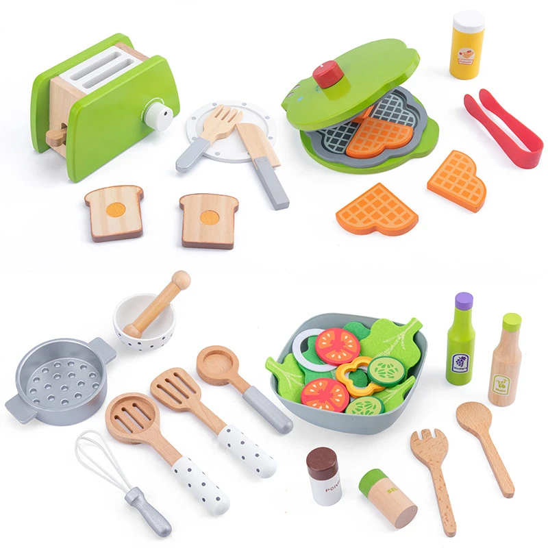 Childrens wooden make-believe game set simulates toaster pancake Maker kit game wood salad kitchen character toy childrens gif