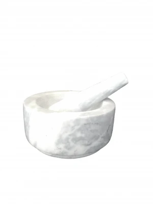Cloudy white marble mortar and pestle with base