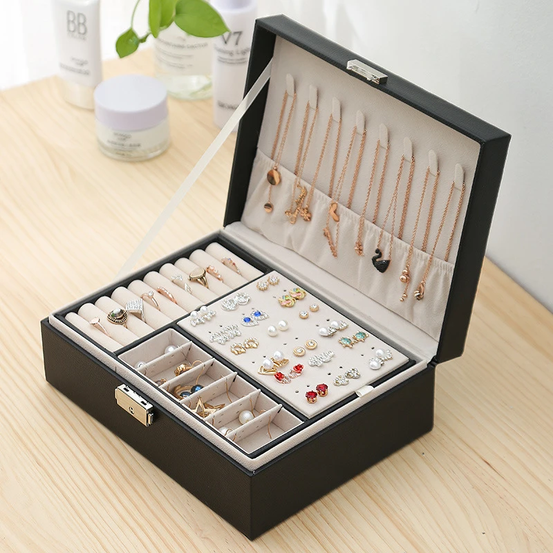 Double-layer PU leather jewelry box Earrings necklace jewelry storage box Multifunctional jewelry organizer