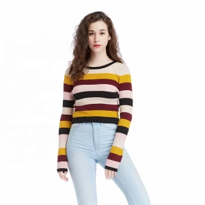 Fashion brand OEM/ODM casual blend yarn knitting long sleeve crew neck multi color striped design mujeres autumn sweaters