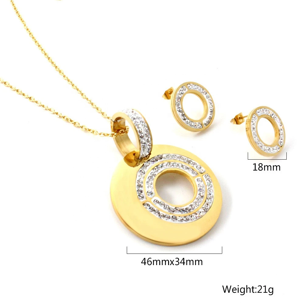 Fashionable Women stainless steel Wedding Earring Necklace Set Gold Plated Cubic Zircon Jewelry Set