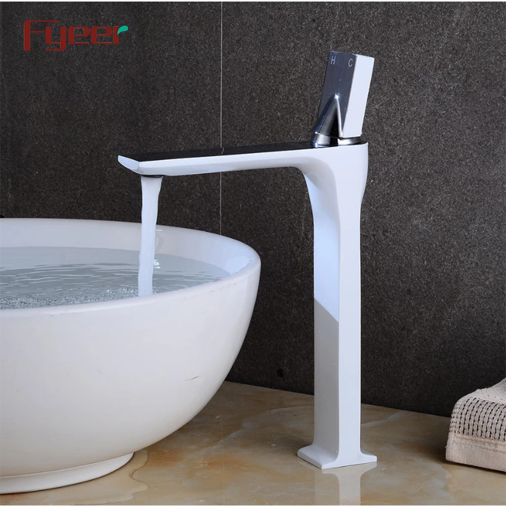 Fyeer White Painted Tall Body Brass Bathroom Basin Tap with Chrome Handle and Spout