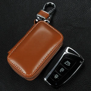 Genuine Leather Keyless Entry Remote Car Key Bag Keychain Zipper Key Case Fob Signal Blocking Bag for car keys