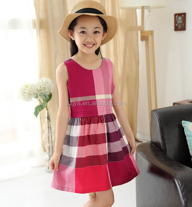 grid children girl dress in pure cotton material