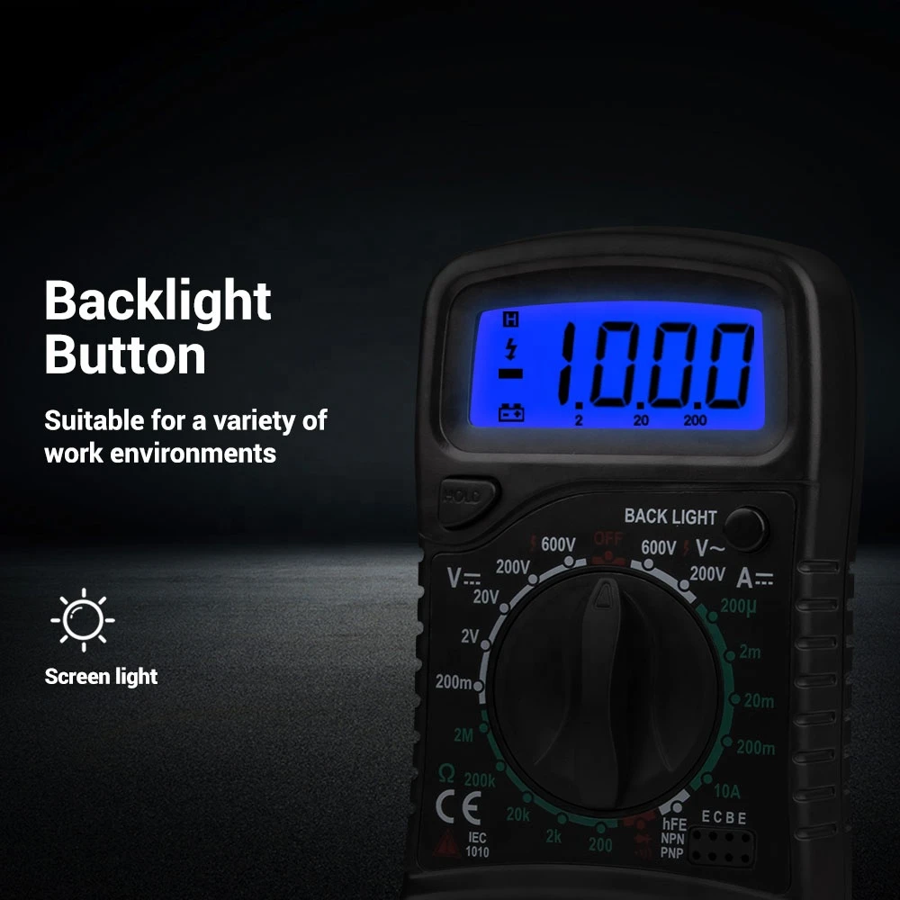 Handheld LCD Digital Meter AC/DC Voltage Amp Current Resistance Tester Blue Backlight Multimeter