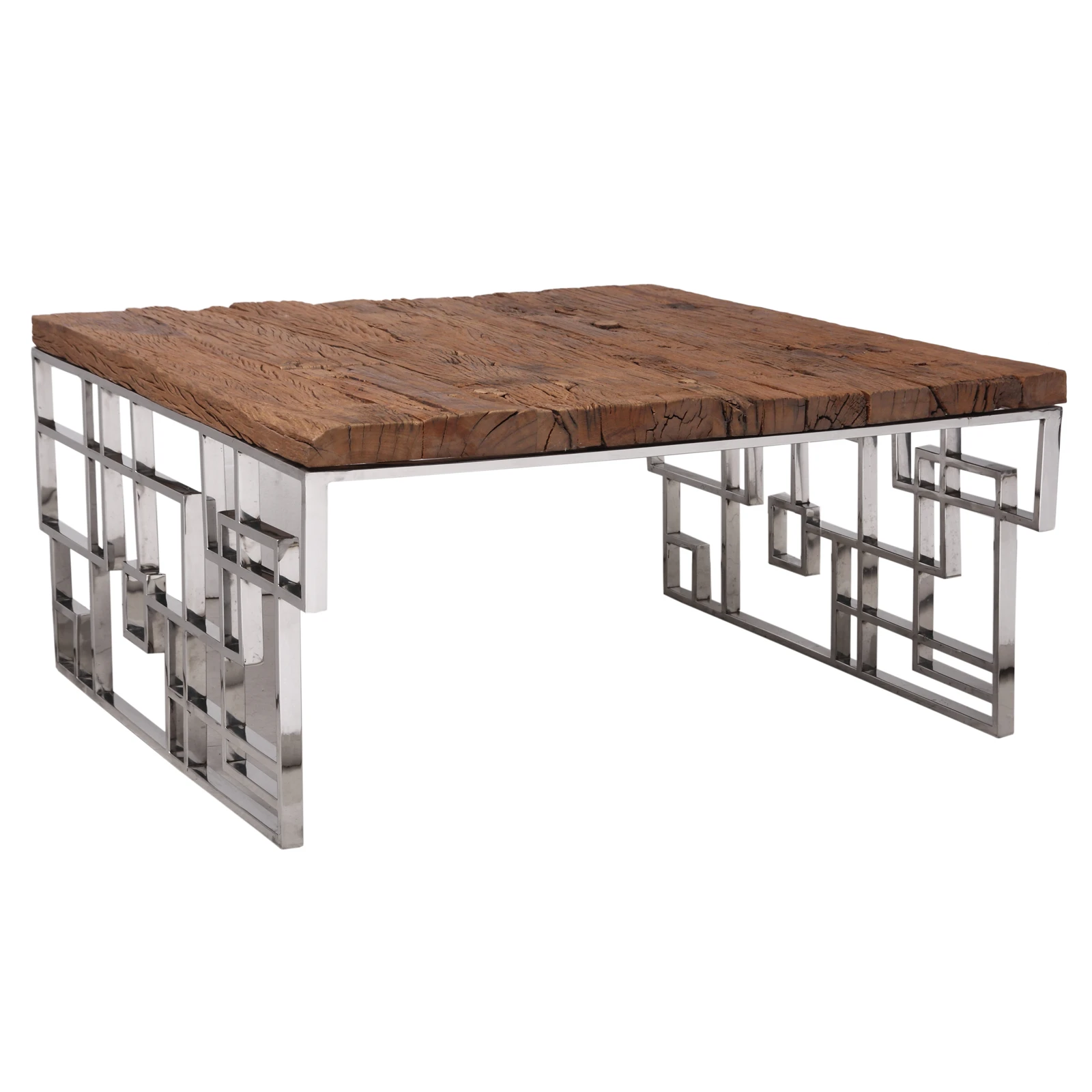 high quality modern industrial solid sleeper Wooden Top and Maze Style Stainless Steel Legs Coffee Table dining table end table