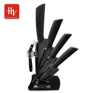HONVEY 5 Piece Black Rust Proof Stain Resistant Kitchen Ceramic Knife Set With Holder