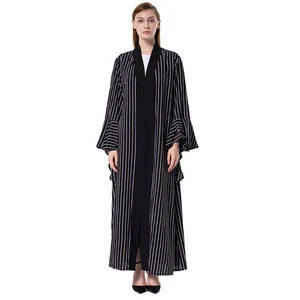 Hot long sleeve white and black striped kimono dress muslim ethnic clothing fabric modest pakistan abaya