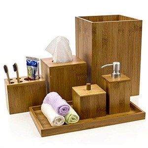 Hot sale bamboo with ceramic bathroom accessory set bamboo bathroom suit