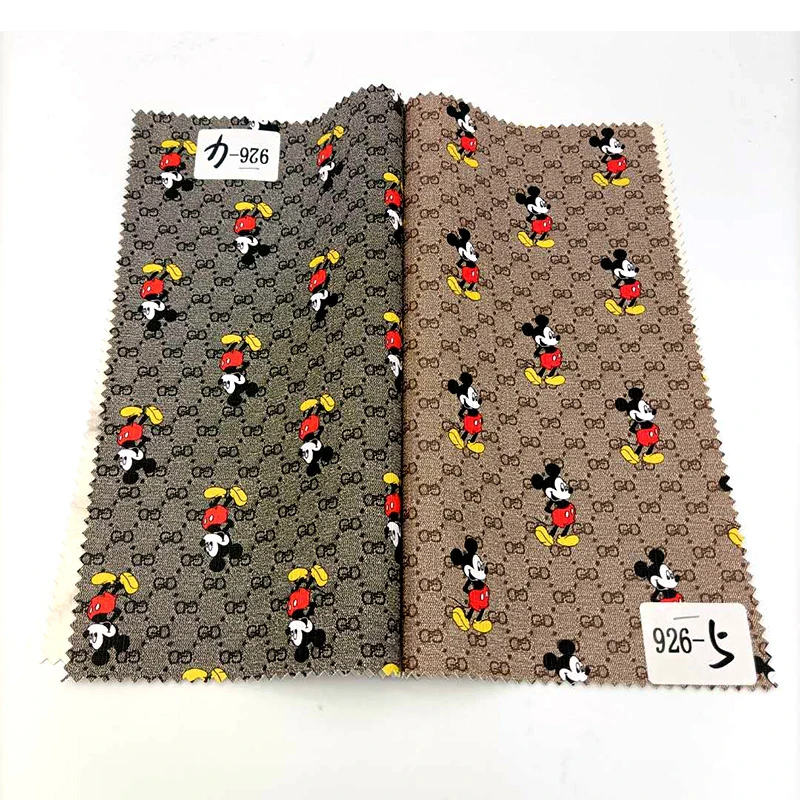 Hot sale Mickey Printed Fancy Brand Design 0.65MM Velvet Backing PU Synthetic Leather Fabric For Making Shoes/Bags