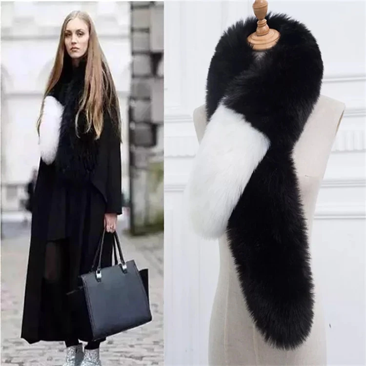 Hot selling factory price winter warm women long fox fur Black and white stripes scarf