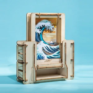 In the surf off Kanagawa Laser cut Woodwork Jigsaw wooden Puzzle Handmade DIY Material Package 3D paper art Pen box Creative Gif