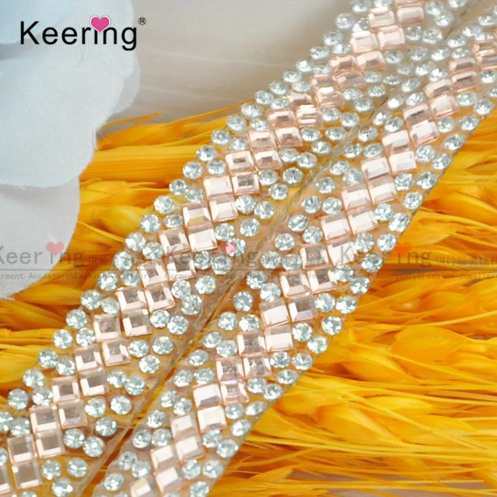 Iron on Glass  Hotfix Rose Golden and Crystal Glass Beads Tape Rhinestone Applique Trim  with Glue