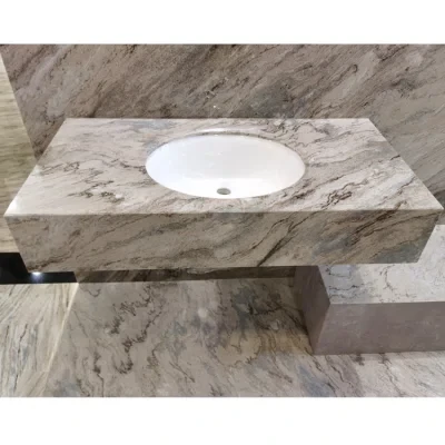 Kitchen/Bathroom/Vanity Natural Stone Beige Marble Washing Basin and Sink Wall Mounted Marbled Integrated Vanity Sink Slab Countertop Wash Basin