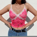 lace cute crop top cherry print bowknot women casual sleeveless spaghetti strap top tee  backless camisole