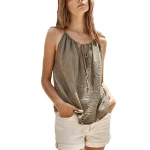 Ladies Drawstring Front Textured Camisole Long Loose Fitting Casual Women Tank Top