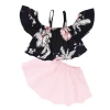 LFQ-137 Lifu Hot Sale Kids Clothes Girls 2 Piece Set Floral Top + Short Skirt Suit