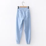 Light blue color fashion embroidery jeans for lady elastic waist harem denim pants