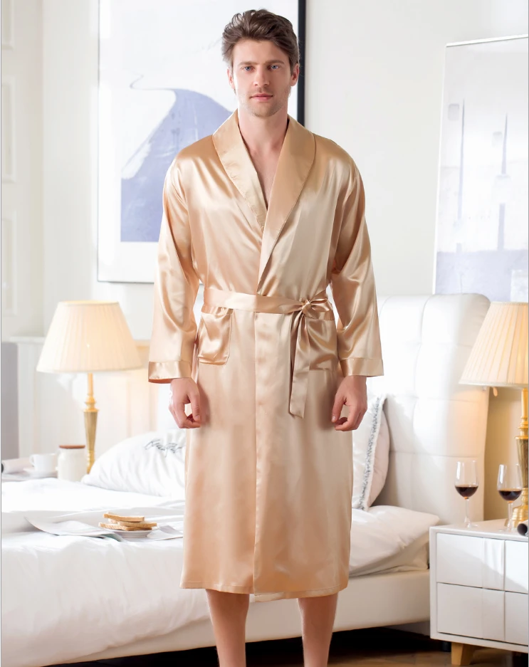 Long Sleeve Sleepwear Bathrobe Oversized Satin Nightgown Mens Silk Kimono Robe Plus Size  Summer Home Clothing
