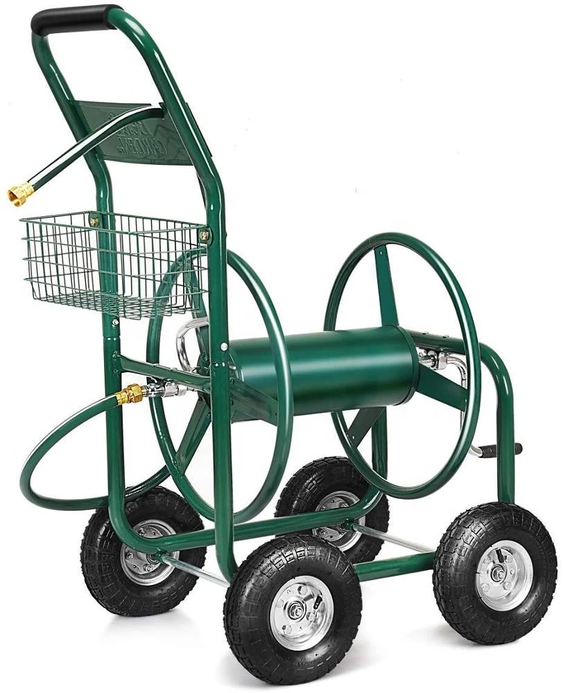 Metal 4-Wheel Garden Hose Reel Cart For Lawn Watering Heavy Duty Yard Water Planting