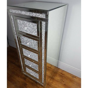 Modern crushed diamond crystal mirrored bedside accent table nightstand with 3 drawers