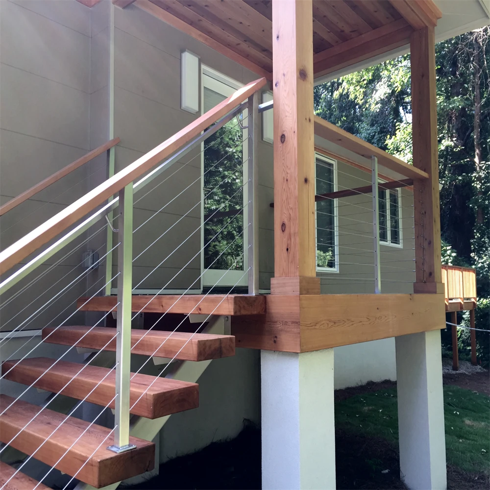 Modern design steel railing balcony railing stainless steel cable railing with wood top handrail