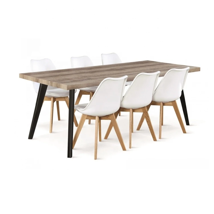 Modern Metal Frame Wood-Grain Paper Finish MDF Top  Dining Table