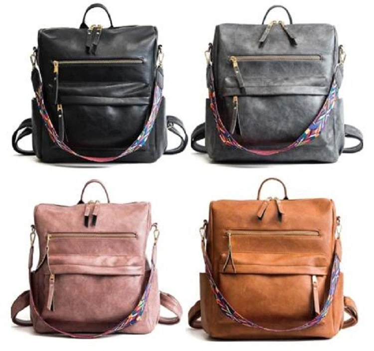 Multi-functional Retro Faux Leather  Backpack Simple PU Casual Women Bag Large Capacity Travel Backpack DOM1031404