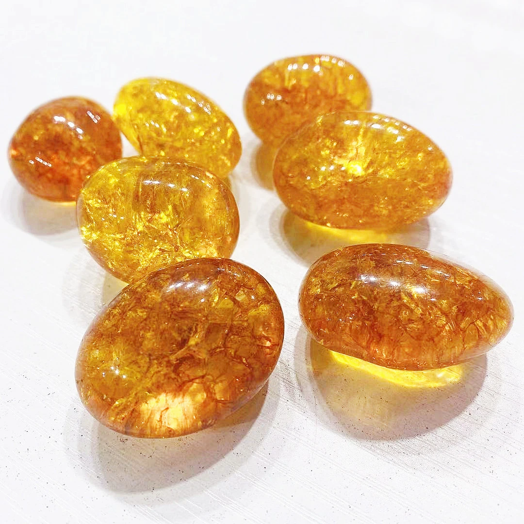 Natural yellow crystal energy healing stone fire and Ice crackled quartz citrine palm stone