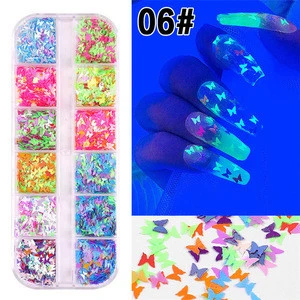 Neon 3D Butterfly Nail Art Sequins Glow Glitter Butterfly Press On Nails Holographic Butterfly Nail Decals