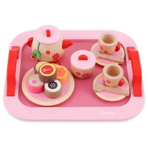 Onshine children tea set new packaging wood teapot and cake sets kids pretend toy