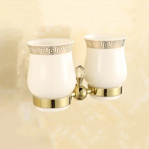 organizer toothbrush holder with cup ceramic Crystal bathroom HK-32 Gold Double Tumbler Holders Toothbrush Cup Holder