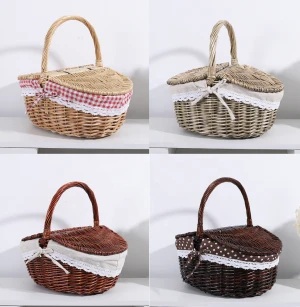 Picnic Basket with Liner and lid Weave Wicker handle picnic hamper basket Bread Fruit Food storage