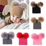 Popular children's knitted hats large double ball baby pom wool hats baby beanie hat winter cap plaid color new born beanies