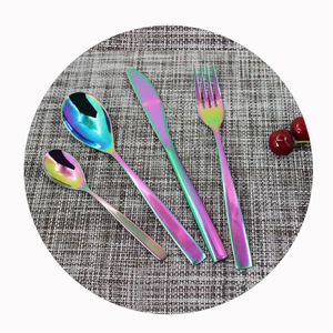 Popular rainbow stainless steel dinner forged silver flatware dinnerware sets fork spoon and knife cutlery set 72