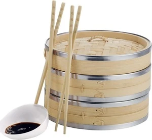Premium 2 Tier Bamboo Steamer with Stainless Steel Banding Includes 2 Pairs of Chopsticks