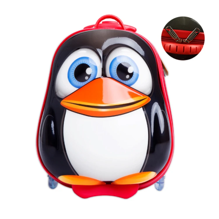 Promotion stocked goods wholesale 14 inch cute penguin cartoon kids suitcase carry on luggage on wheels