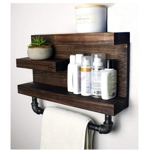 Rustic Solid Wood Wall Floating Farmhouse Bathroom Wooden Organizer Rack Shelf With Towel Bar