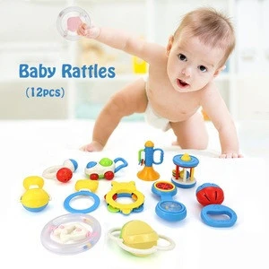 Set of 12 Early Education Musical Toy Set Grab and Spin Shaker Infant Newborn Baby Rattle with Storage Box
