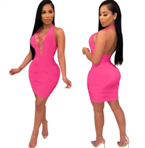 Sexy halter pure color pleated bandage short dresses sexy dress night club dresses