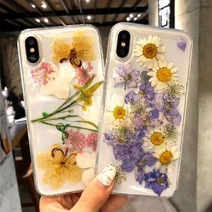 Shockproof Mobile Accessories TPU Sparkly Beautiful Flowers Mobile Cover 3D Dry Dried Real Pressed Flower Acrylic Phone Case