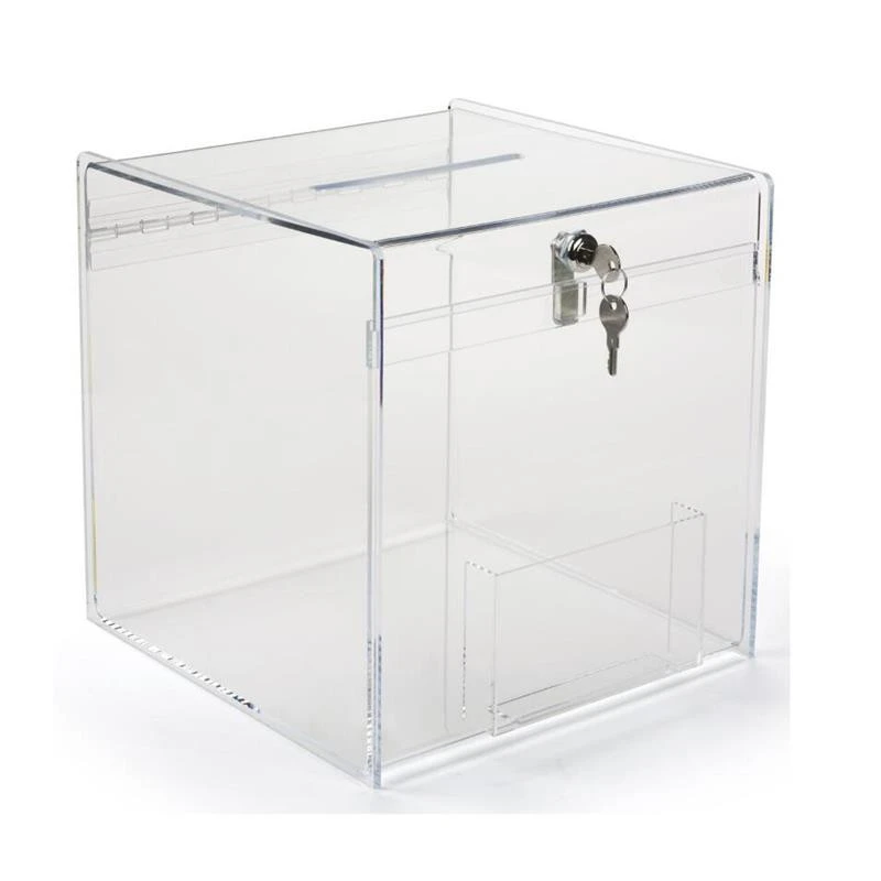 Small Clear Acrylic Donation Box with sign holder, lock and 2 keys