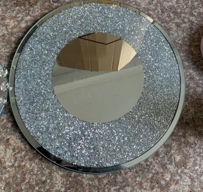 Sparkle Crushed Diamond Decoration Silver Mirror Glass Large Serving Tray